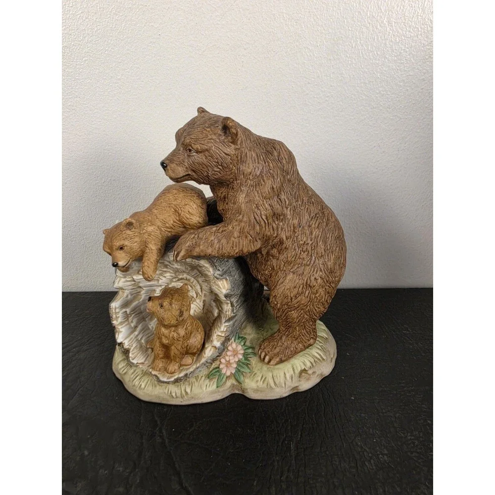 Curious Cubs Bear Family On Log & Base HOMCO Figurine #1435 Home Interiors Mama